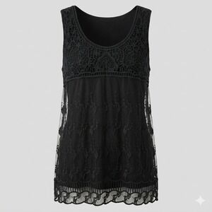 Design Works VTG Black Crochet Lace Sleeveless Tunic Tank Top XL Boho Flowy